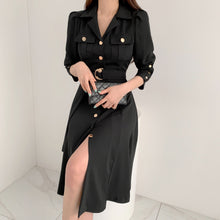 Load image into Gallery viewer, Elegant Single-Breasted Lapel Women Midi Dress 2021 New Fashion Long Sleeve Belted Slim Waist Female Dress Workwear Vestidos