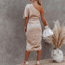 Load image into Gallery viewer, Elegant Skew Collar Irregular Satin Party Dress Spring Summer Sexy One Shoulder Backless Women Dress Fashion Pleats Slit Dresses