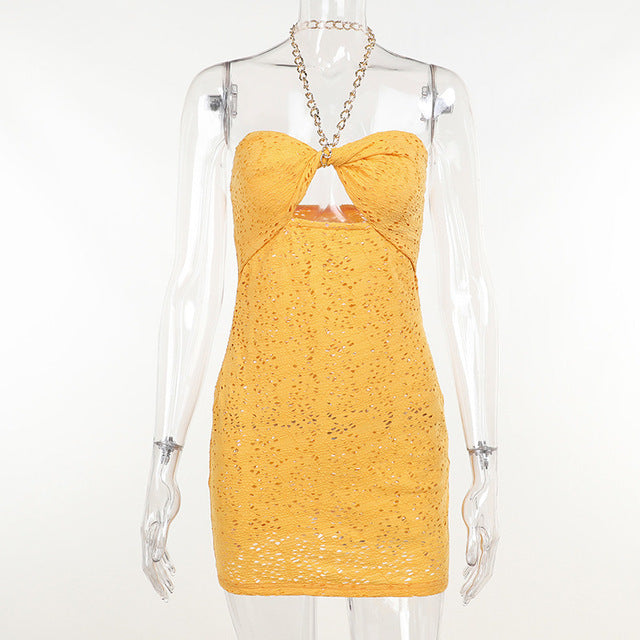 Elegant Sleeveless Sexy Chain Halter Tie Cut-Out Mini Dress Party Club Backless Fashion Summer Dresses Bodycon Outfits Vacation