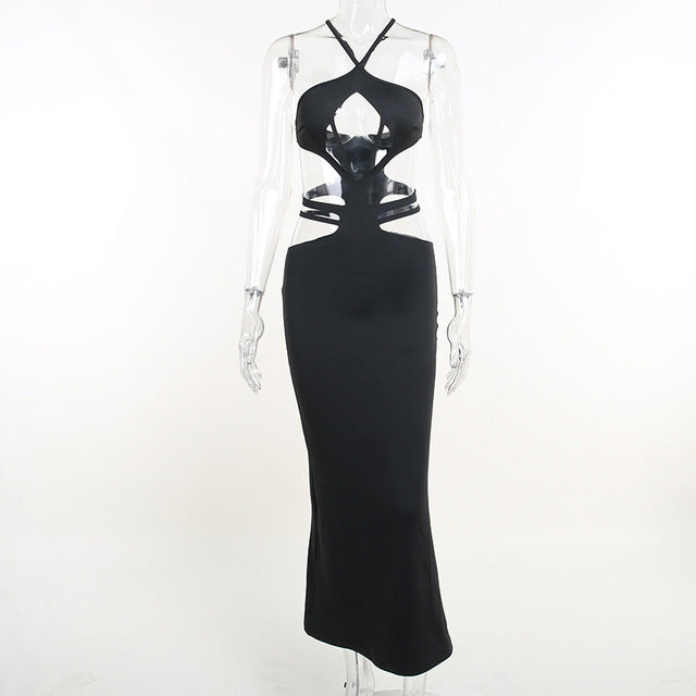 Elegant Sleeveless Sexy Halter Tie Cut-Out Maxi Dress Party Club Backless Fashion Summer Dresses Bodycon Outfits Vacation