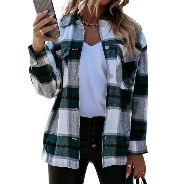 Elegant Spring Fall Women Long Sleeve Lapel Plaid Print Blouses Jackets Casual Buttons Cardigan Fashion Office Lady Party Coats