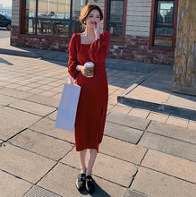 Load image into Gallery viewer, Elegant Square Collar Midi Dresses 2021 Spring Women Puff Sleeve High Waist Slim Dresses Vestidos