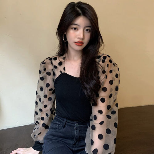 Elegant Square Collar Polka Dot Shirt Women Spring Autumn 2022 Slim Fit Vintage Women Blouse Korean Style Chic Casual Blusas