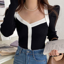 Load image into Gallery viewer, Elegant Square Collar Puff Sleeve Knitted Cardigans Women Slim Fit Skinny Sweater Coat Korean Style Autumn Winter Pull Femme