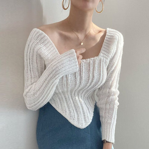 Elegant Square Neck Long Sleeve Knitted Sweater Women Simple Solid Color Slim Fit Pull Femme Autumn Korean Style Short Jumper