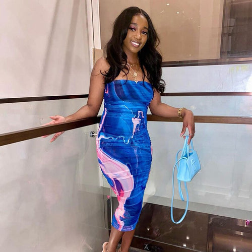 Elegant Strapless Knee Length Dress Women Summer Fashion 2021 Party Floral Print Backless Midi Dress