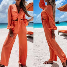 Load image into Gallery viewer, Elegant Summer Lace-Up Design Hollow Out Drape Tops And Casual Long Pants Suits Fashion Bandage V-Neck Solid Women Two Piece Set