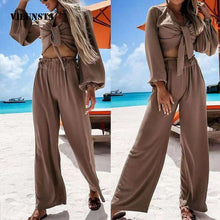 Load image into Gallery viewer, Elegant Summer Lace-Up Design Hollow Out Drape Tops And Casual Long Pants Suits Fashion Bandage V-Neck Solid Women Two Piece Set