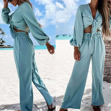 Load image into Gallery viewer, Elegant Summer Lace-Up Design Hollow Out Drape Tops And Casual Long Pants Suits Fashion Bandage V-Neck Solid Women Two Piece Set