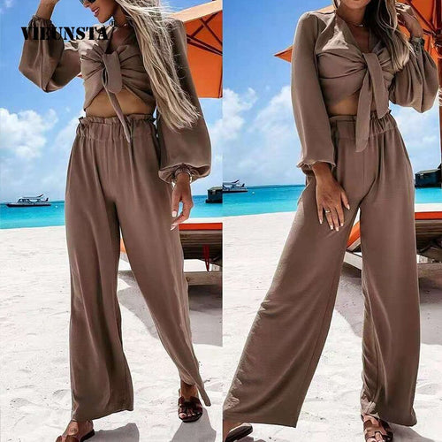Elegant Summer Lace-Up Design Hollow Out Drape Tops And Casual Long Pants Suits Fashion Bandage V-Neck Solid Women Two Piece Set
