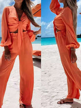 Load image into Gallery viewer, Elegant Summer Lace-Up Design Hollow Out Drape Tops And Casual Long Pants Suits Fashion Bandage V-Neck Solid Women Two Piece Set