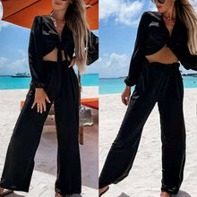 Load image into Gallery viewer, Elegant Summer Lace-Up Design Hollow Out Drape Tops And Casual Long Pants Suits Fashion Bandage V-Neck Solid Women Two Piece Set