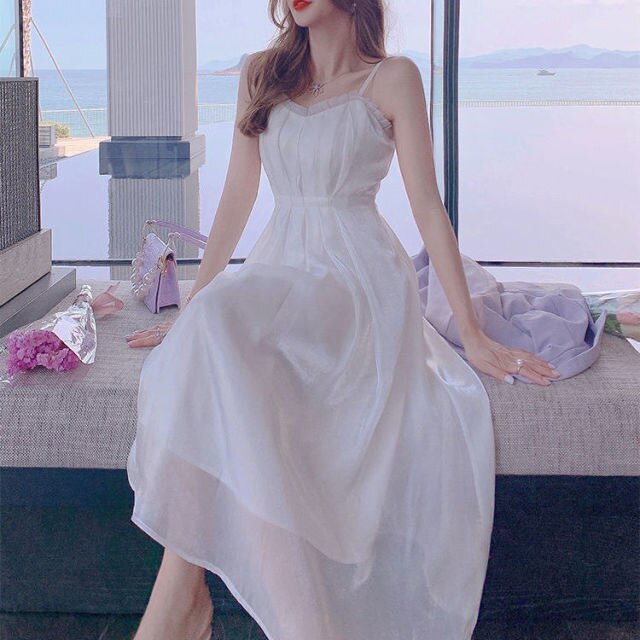 Elegant Summer Strap Dress Women Kawaii French Vintage Princess Sexy Fairy Dress Female Casual V-neck Party Beach Dress 2021