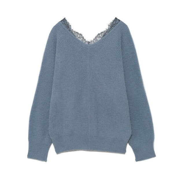 Elegant Sweet Patchwork Lace Sweater Fall Woman 2021 Long Sleeve Solid Soft Knitted Pullovers V-neck All Match Autumn Jumpers