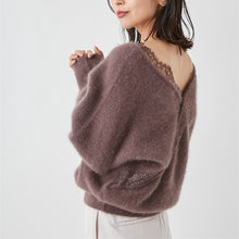 Load image into Gallery viewer, Elegant Sweet Patchwork Lace Sweater Fall Woman 2021 Long Sleeve Solid Soft Knitted Pullovers V-neck All Match Autumn Jumpers