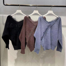 Load image into Gallery viewer, Elegant Sweet Patchwork Lace Sweater Fall Woman 2021 Long Sleeve Solid Soft Knitted Pullovers V-neck All Match Autumn Jumpers