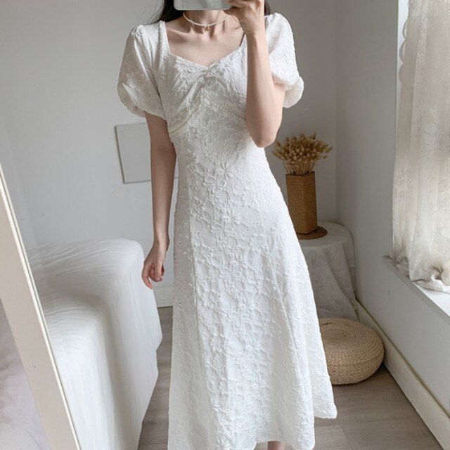 Elegant Sweet Retro Dress Women White Beading Square Collar Slim Waist Party Dress for Females Korean Style Summer 2021 New
