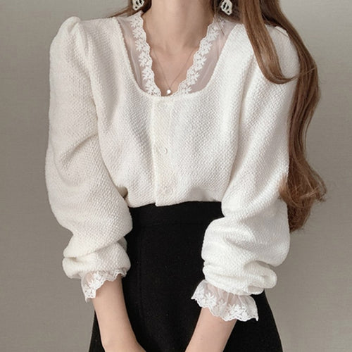 Elegant V-neck Lace Crochet Woman Shirt Design Loose Single Breasted Blouse Women Korean Style Chic Vintage Office Lady Blusas