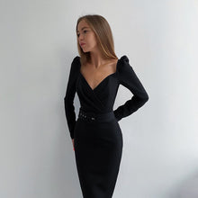 Load image into Gallery viewer, Elegant Women Dress V Neck Long Sleeve Woman High Waist Midi Dress Autumn Female Clothes Belt Solid Puff Sleeve Party Vestidos