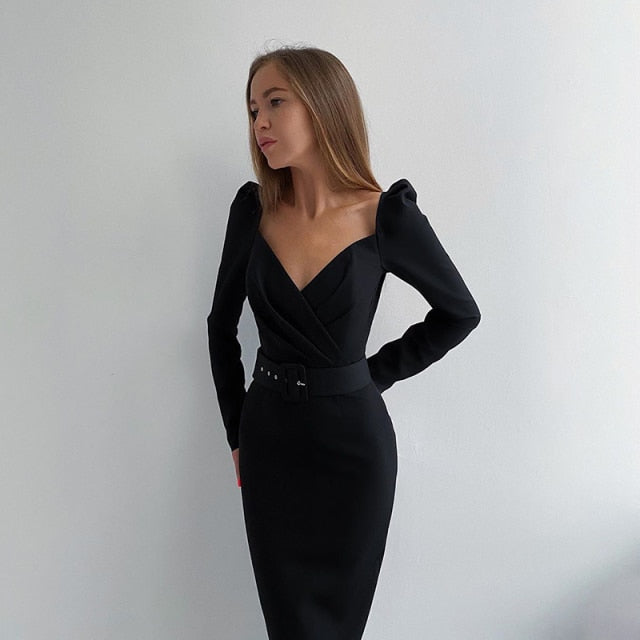 Elegant Women Dress V Neck Long Sleeve Woman High Waist Midi Dress Autumn Female Clothes Belt Solid Puff Sleeve Party Vestidos
