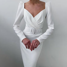 Load image into Gallery viewer, Elegant Women Dress V Neck Long Sleeve Woman High Waist Midi Dress Autumn Female Clothes Belt Solid Puff Sleeve Party Vestidos