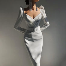 Load image into Gallery viewer, Elegant Women Dress V Neck Long Sleeve Woman High Waist Midi Dress Autumn Female Clothes Belt Solid Puff Sleeve Party Vestidos