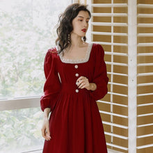 Load image into Gallery viewer, Elegant Women Long Dress 2021 Spring Vintage Beading Square Collar Full Sleeve Black &amp; Burgundy Party Night Dinner Dresses Femme