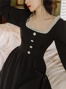Elegant Women Long Dress 2021 Spring Vintage Beading Square Collar Full Sleeve Black &amp; Burgundy Party Night Dinner Dresses Femme