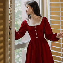 Load image into Gallery viewer, Elegant Women Long Dress 2021 Spring Vintage Beading Square Collar Full Sleeve Black &amp; Burgundy Party Night Dinner Dresses Femme