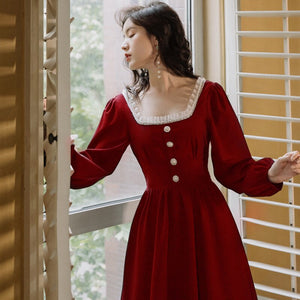 Elegant Women Long Dress 2021 Spring Vintage Beading Square Collar Full Sleeve Black &amp; Burgundy Party Night Dinner Dresses Femme