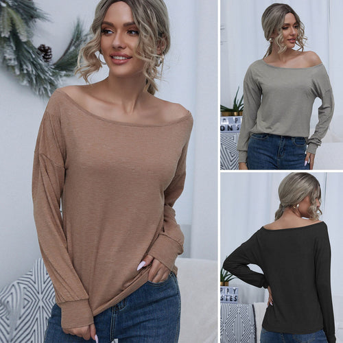 Elegant Women's Blouses New Vintage Shirts Fashion Streetwear Sexy Solid Color Tops Tees Boat Neck Long Sleeve Basic T-shirts