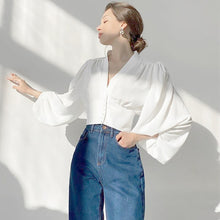 Load image into Gallery viewer, Elegant lantern long sleeve blouse women Shirts button up shirt Slim-fit cropped vintage top shirt woman clothing