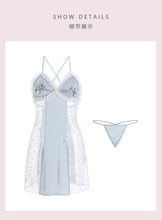 Load image into Gallery viewer, Erotic Babydolls Women Sexy Lingerie Set Satin Gauze Perspective Sweet Dot Bow Slit Nightdress Thong Set Slutty Nightgown Robe