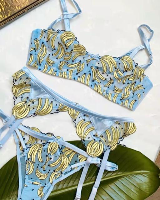 Erotic Lingerie Banana Embroidery Lace Outfits Garters Luxury 3 Pieces Set Transparent Bra and Briefs Set Hot Sexy Underwear