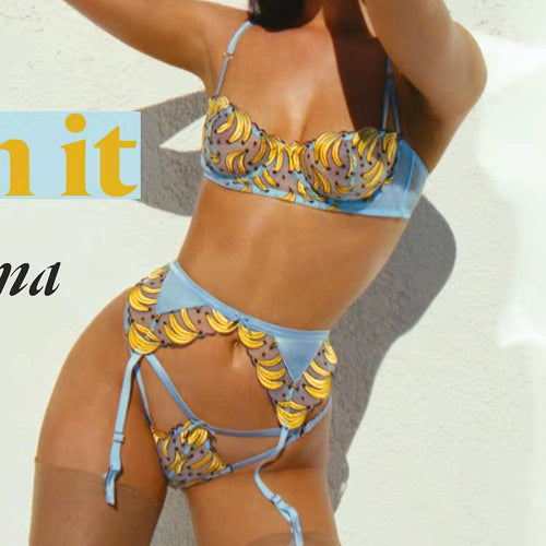 Erotic Lingerie Banana Embroidery Lace Outfits Garters Luxury 3 Pieces Set Transparent Bra and Briefs Set Hot Sexy Underwear