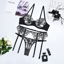 Load image into Gallery viewer, Erotic Lingerie Embroidery Bilizna Set Lace Outfits Garters Luxury Short Skin Care Kits Transparent Bra Hot Sexy Underwear