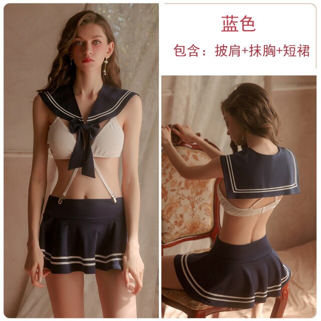 Erotic Lingerie Girl Student Cosplay Sex Uniform Women Hollow Open Back Bra + Sailor Shawl + Mini Skirt Suit Temptation Pajamas