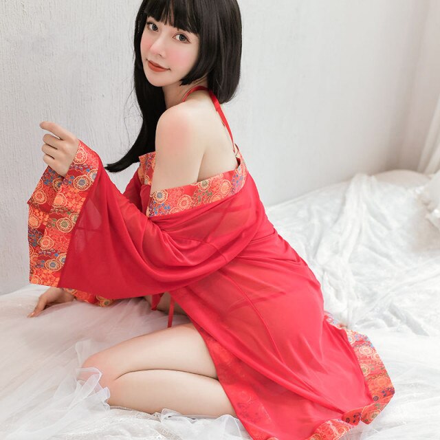 Erotic Lingerie Mesh Sexy Uniform Ancient Kimono Style Outer Robe Seduction Lingerie Cosplay Lingerie Anime Pink Lingerie