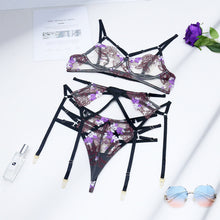 Load image into Gallery viewer, Erotic Lingerie Set Woman 3 Pieces Sensual Embroidery Transparent Brief Sets Fancy Garters Langerie Bra Kit Push Up Outfit
