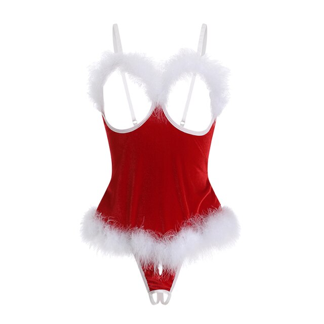 Erotic Lingerie Sexy Sleepwear Crotchless Velvet Christmas Costumes Temptation Bodysuit for Women Claus Cosplay Uniform
