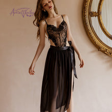 Load image into Gallery viewer, Erotic Nightgowns Mesh Hot Jumpsuit Side Open Temptation Sleeping Dress French Beautiful Back Lace Thin Nightdress Sleep Tops