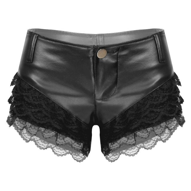 Erotic Sexy Shorts Pants Women PU Leather Lace Patchwork PU Leather Shorts Fashion Low Waist Button Sexy Pants Clubwear