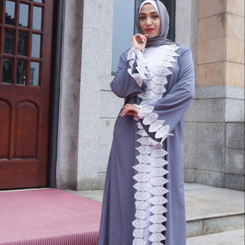 Europe And Middle East Leaves Lace Cardigan Women's Robe With Belt Without Turban Muslim Women's Home Comfort Robe Abaya