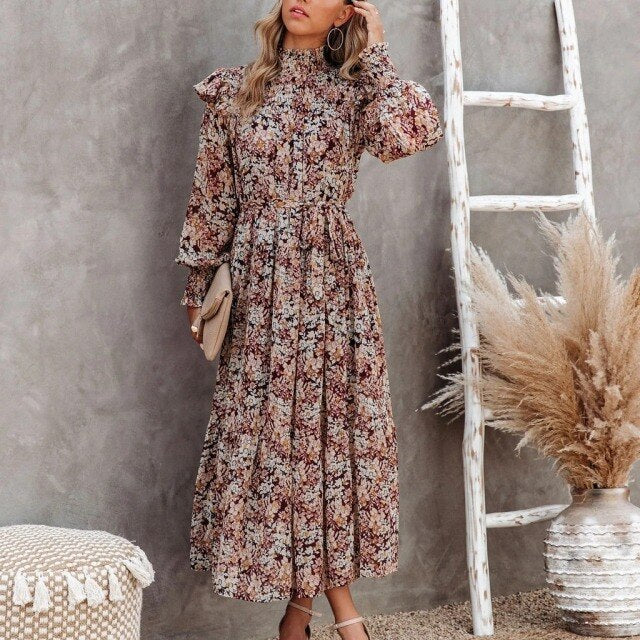 European and American new 2021 trend autumn and winter wish high collar small floral print long long-sleeve dress pleated