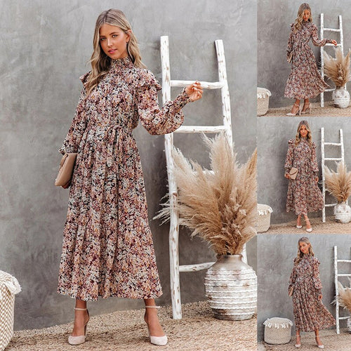 European and American new 2021 trend autumn and winter wish high collar small floral print long long-sleeve dress pleated