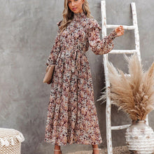 Load image into Gallery viewer, European and American new 2021 trend autumn and winter wish high collar small floral print long long-sleeve dress pleated