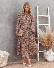 Load image into Gallery viewer, European and American new 2021 trend autumn and winter wish high collar small floral print long long-sleeve dress pleated