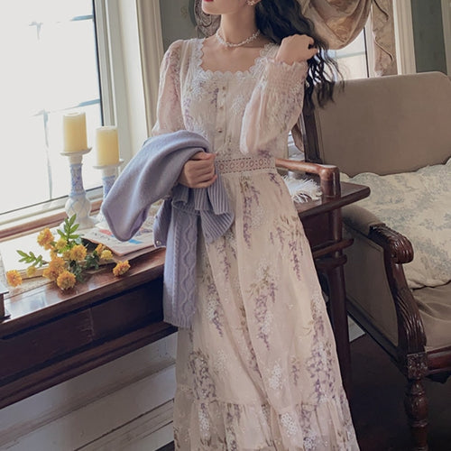 Evening Party Floral Dresses Women Lantern Sleeve Midi Elegant Vintage Dress Female Sweet 2021 Summer One Piece Vestidos Korean