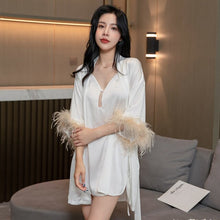 Load image into Gallery viewer, Exotic Kits White Satin Silky Patchwork Feather Cuffs Nightdress For Women Sexy V Neck Spaghetti Strap Sleep Dress+lace Up Robes