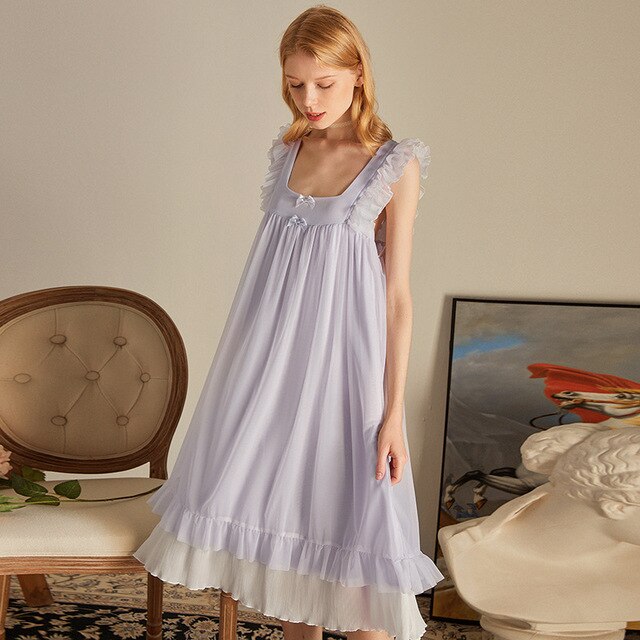 Fairy White Mesh Night Dress Women Summer Sleeveless Sexy Lace Peignoir Victorian Nightgowns Lolita Nightie Princess Sleepwear
